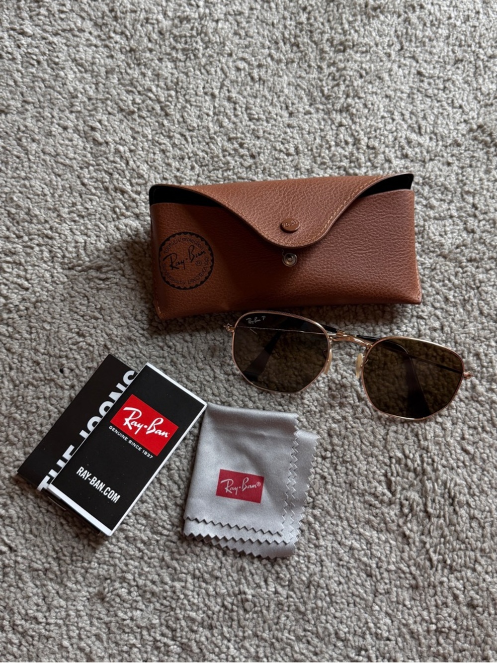 Ray-Ban Gold Frame Sunglasses with Brown Case and Brown Lenses Hexagonal